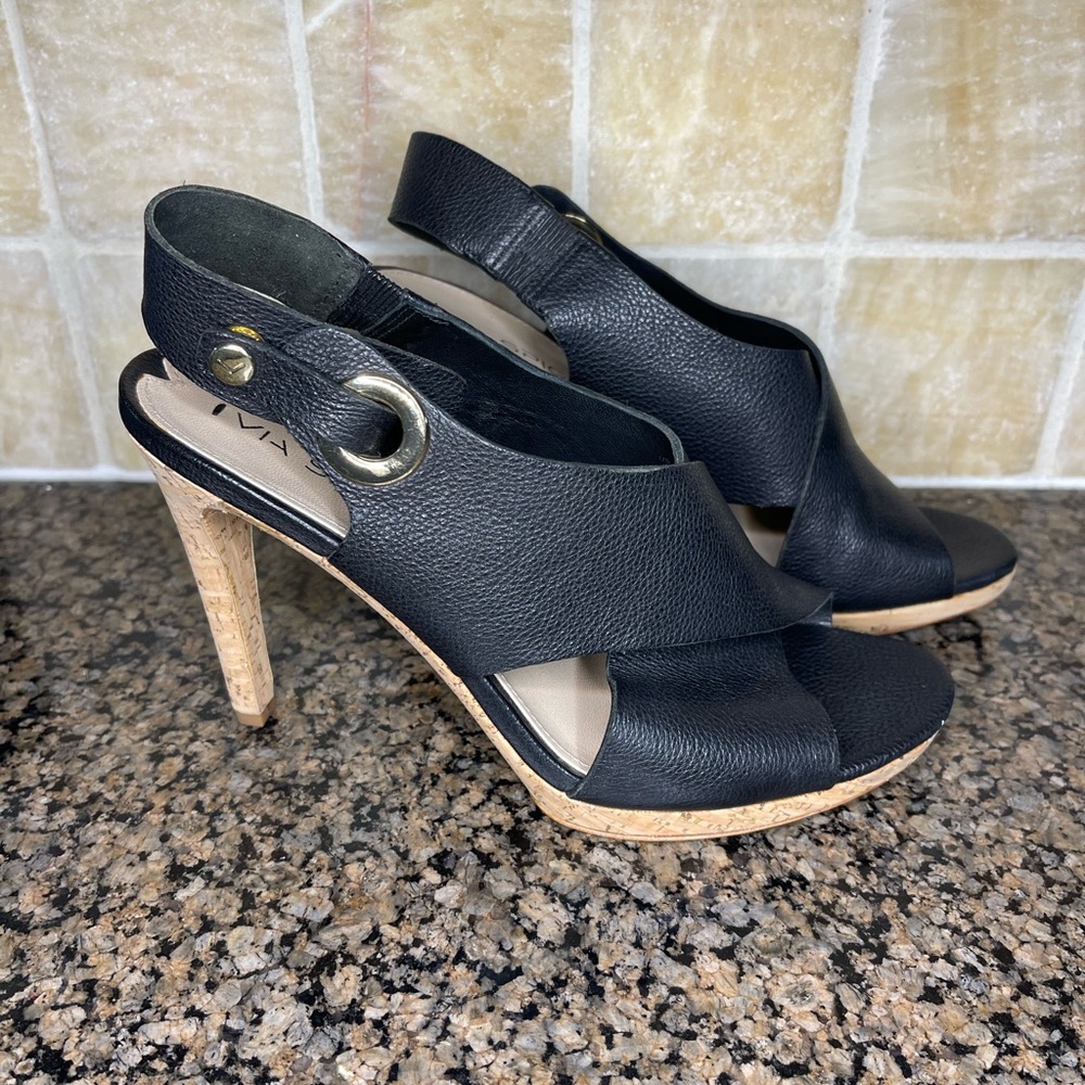 Via Spiga Black Leather Crisscross High Heels, Open Toe, Cork